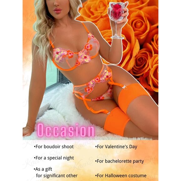Seductive Neon Orange Floral Embroidered Garter Lingerie Set for Romantic Nights - Picture 6 of 7